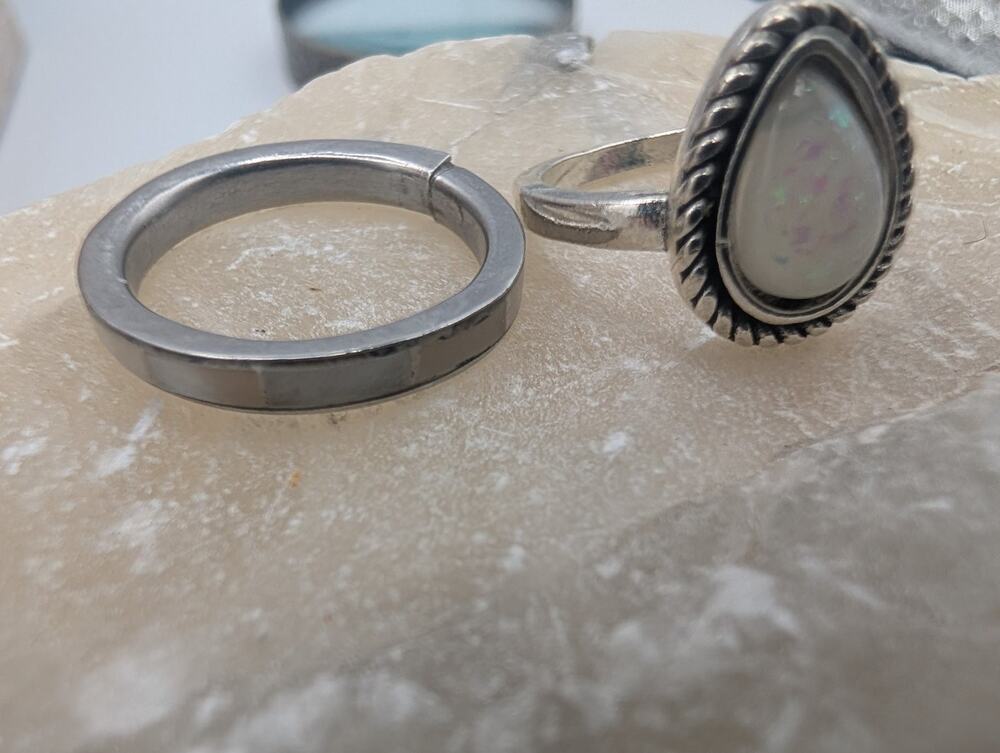 Elegant Pear Cut White Opal Ring Silver Tone Rope Bezel 2 Rings Size 7